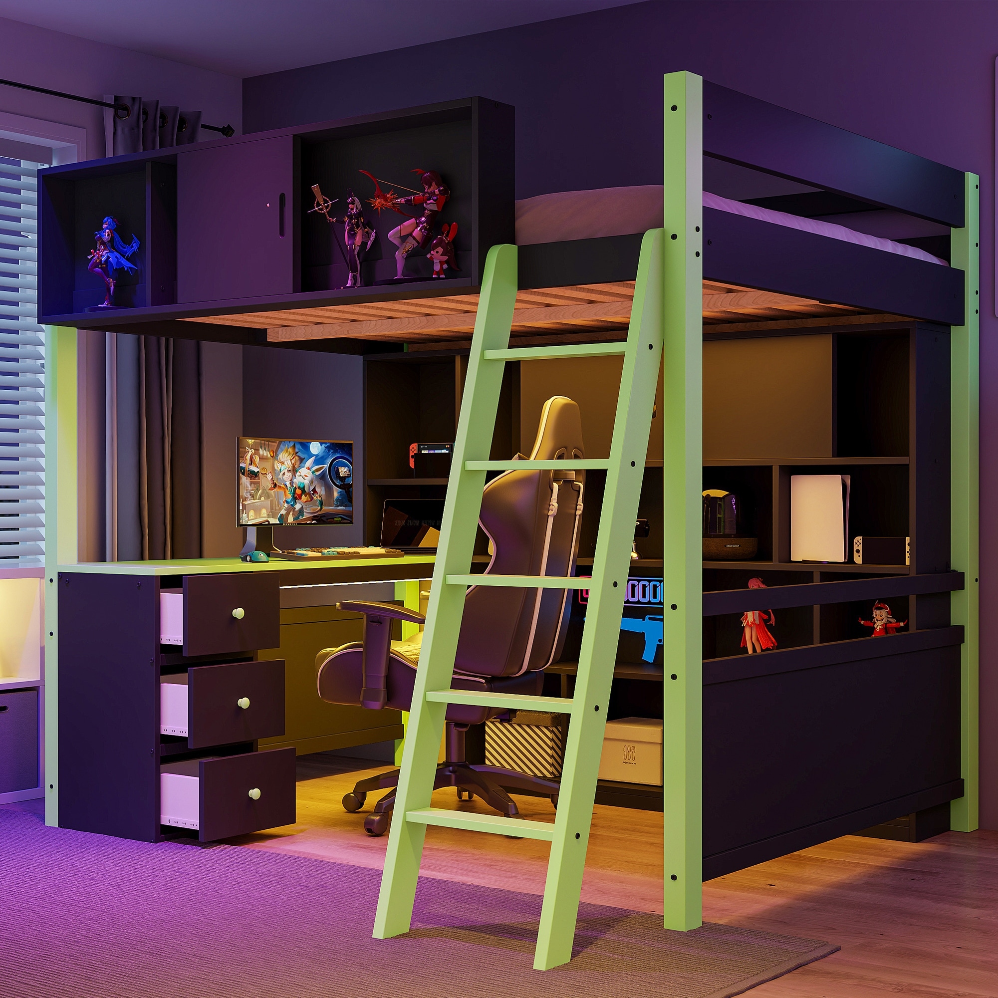 Full Size Gaming Loft Bed with Desk Full Wall Storage Shelf and 3 Drawers Storage Guardrail with Adjustable Door for Gaming Room