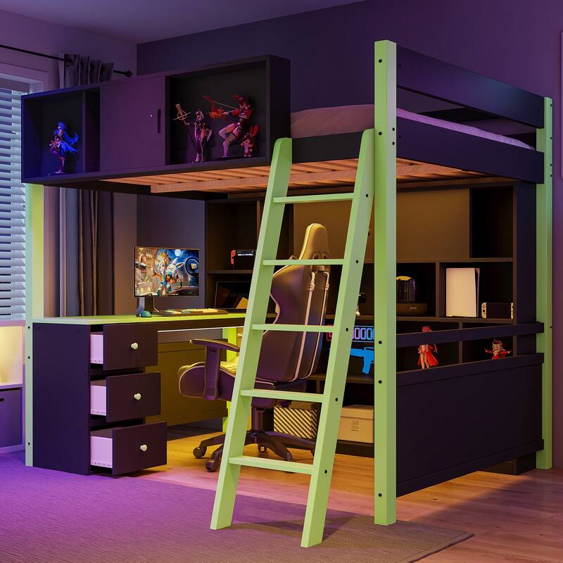 Full Size Wood Loft Bed with Desk, Storage & Light - Green
