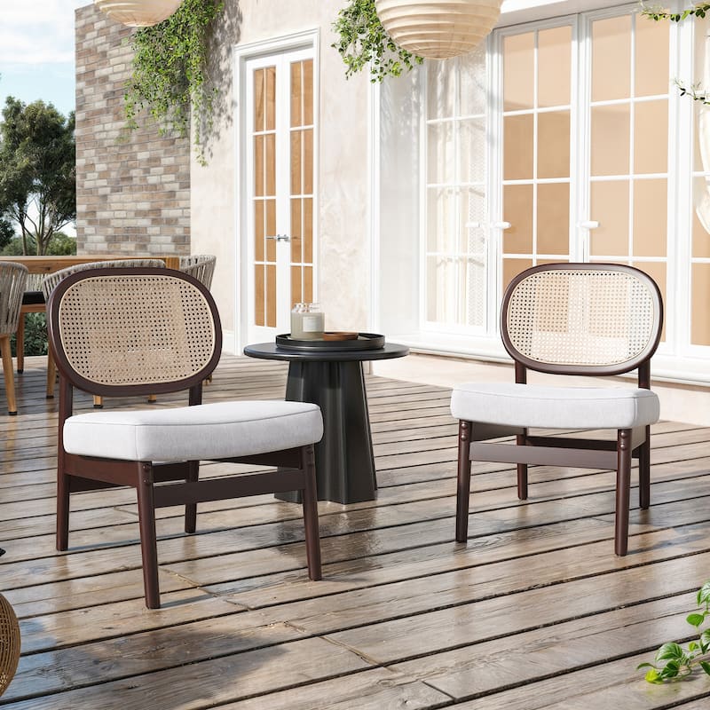 Rattan Accent Chair, Upholstered Living Room Chair with Rattan Back & Wood Frame, Mid-Century Modern Reading Chair