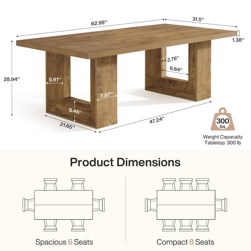 63-Inch Dining Table for 6-8, Brown Rectangular Kitchen Table with Strong Geometric Frame