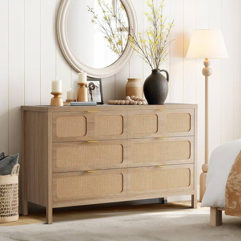 Vintage 6 Drawer Rattan Dresser TV Stand for Bedroom, Living Room - Almond