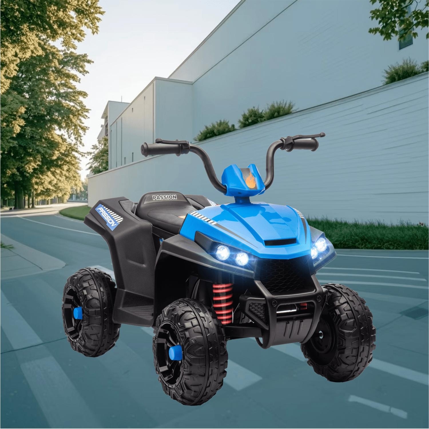 Battery Powered 12V ATV Ride On Car for Kids with Four Wheeler Smooth Suspension MP3 LED Lights and 50 Minute Playtime Blue
