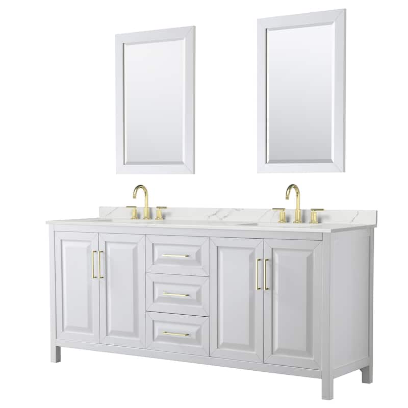 Daria 80-inch Double Vanity, 3 Hole Quartz Top, 24-inch Mirrors - White, Gold Trim, Giotto Quartz Top