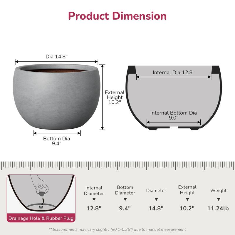 Concrete Round Planter with Enhanced Interior Outdoor Indoor Pot with Drainage Holes