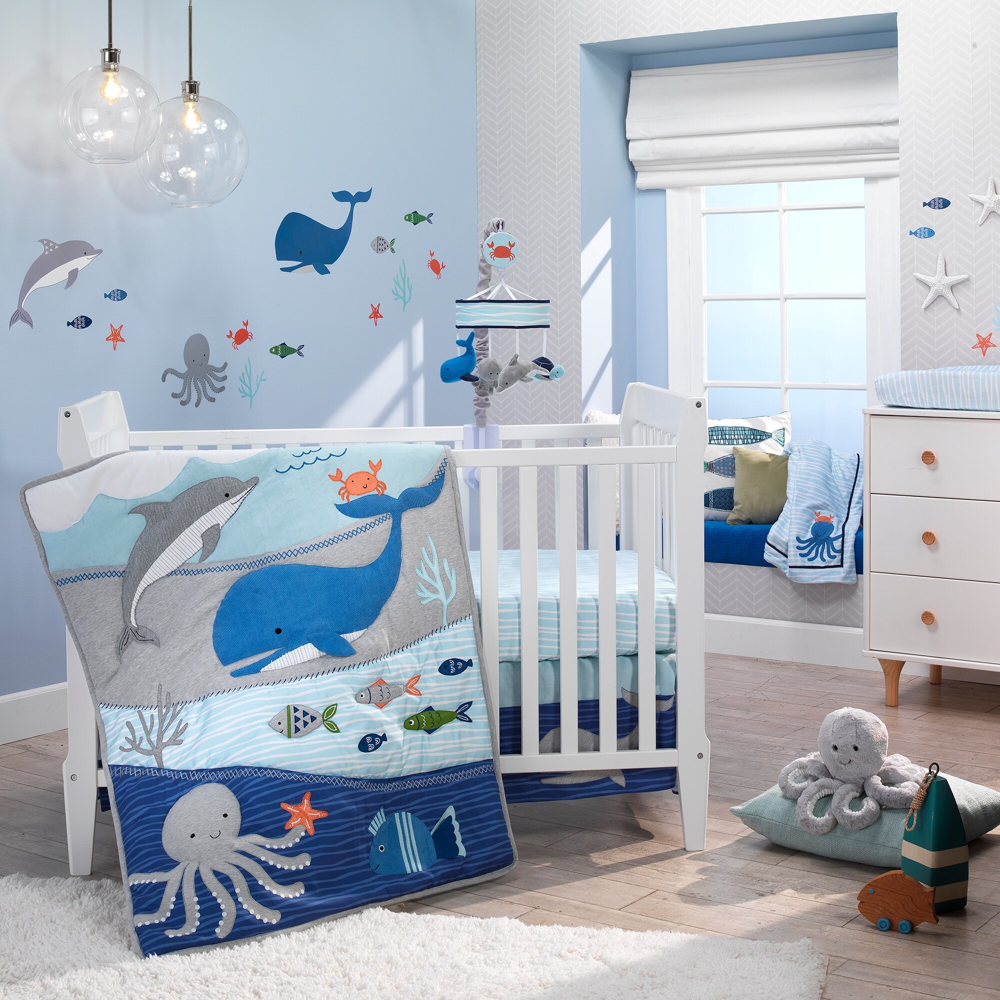 Lambs & Ivy Blue Ocean Blue 4-Piece Baby Crib Bedding Set - Bed