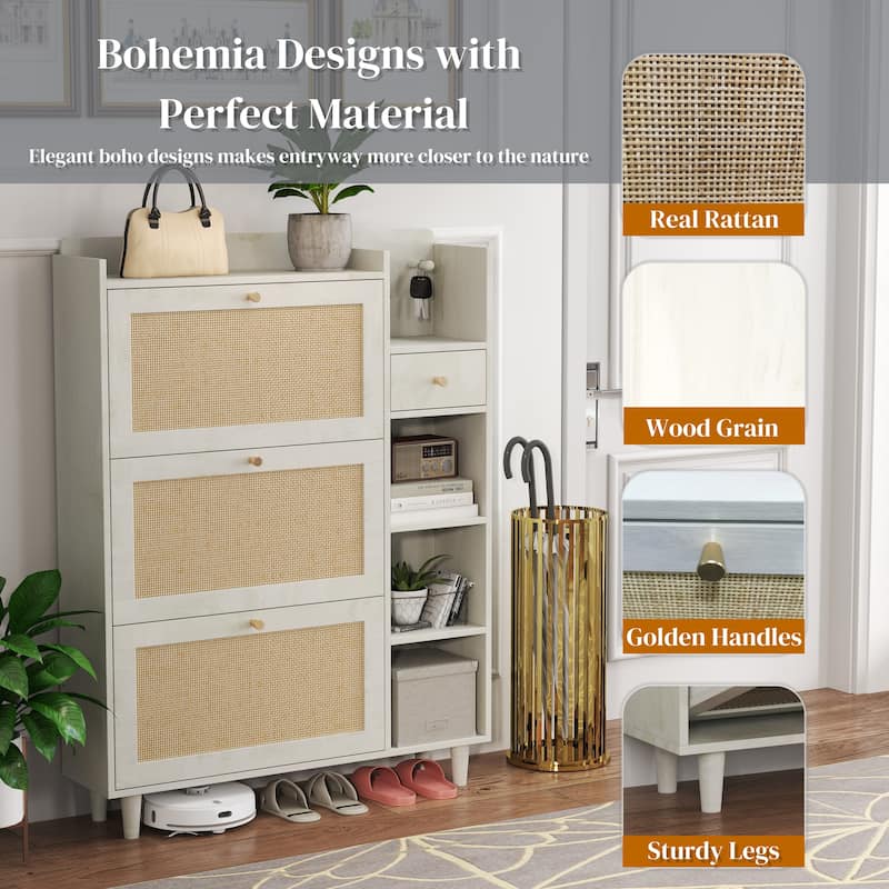Freestanding Shoe Storage Cabinet, Narrow Hidden Shoe Rack with 3 Rattan Flip Drawers, 3 Square Shelves & 1 Storage Drawer