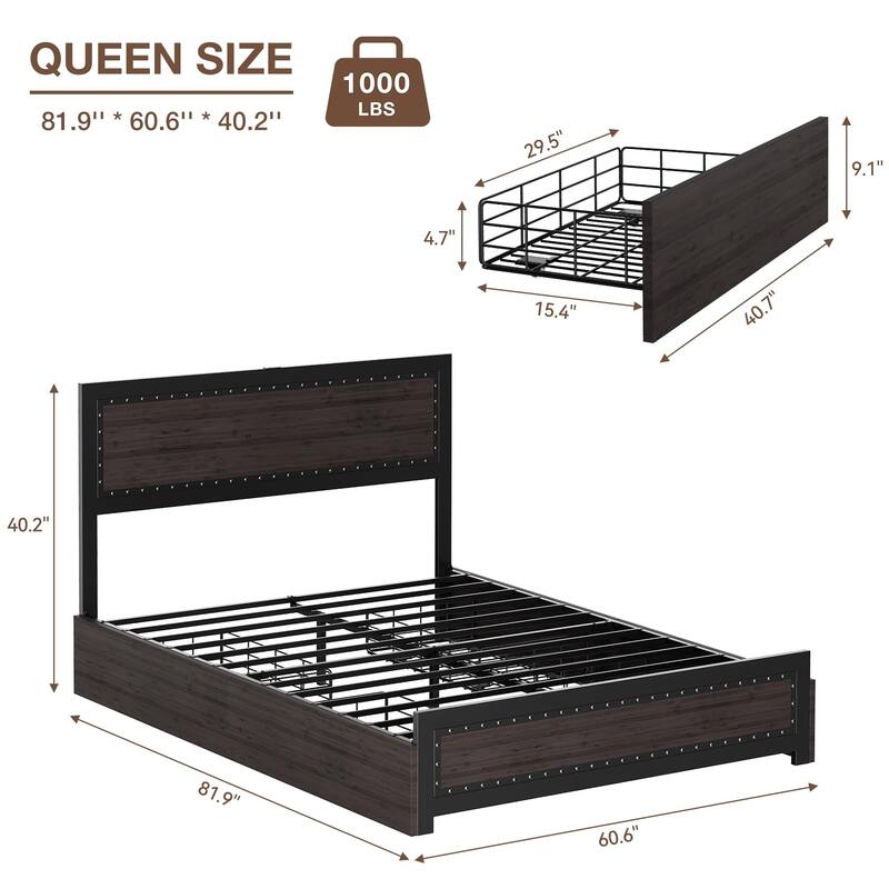 Full/Queen/King Bed Frame With Headboard, Industrial Platform Bed Frame With 4 Storage Drawers and Charge Station