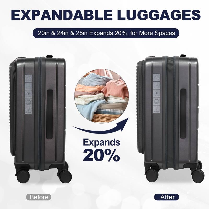 Luggage Sets 3 Piece, ABS Hardshell Front Opening Carry On Suitcase Set with TSA Lock, for Men Women Travel