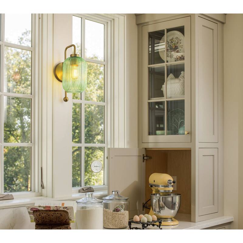 1-Light Green Striped Lantern Glass Wall Sconce - 5.5" W × 8.3" D × 13" H