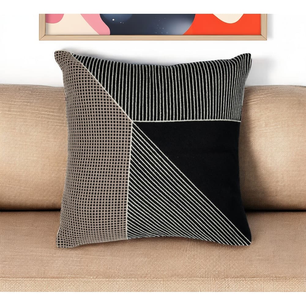 HomeRoots 24" Black and White Geometric Cotton Throw Pillow With Embroidery