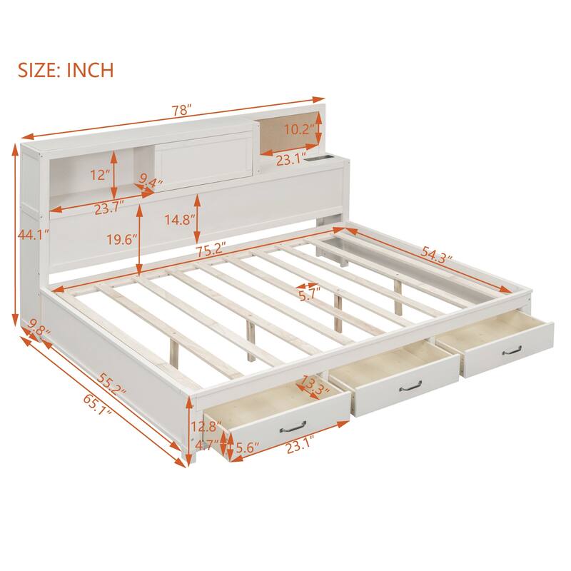 Full/Twin Size Built-in Storage Bed Versatile Wooden Daybed with 3 Drawers, Pushable Top Shelf, USB Ports and Power Outlets