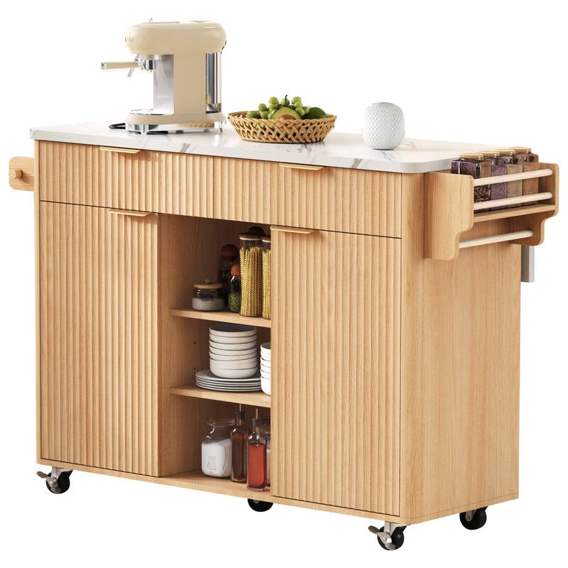 Roomfitters 52" Fluted Kitchen Island with Drop Leaf, Power Outlet & Walnut Wood-Grain Top