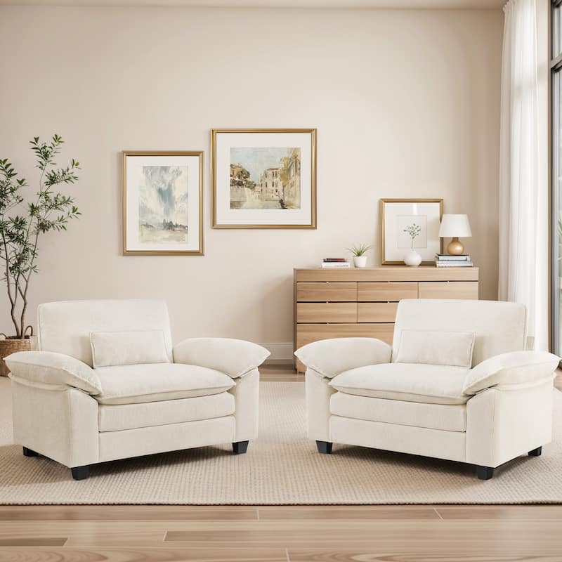 Living Room Upholstered Accent Chair,Modern Reading Chair With Arms Pillows - 52"W X 54.6"D X 34.6"H - Off-White Set of 2