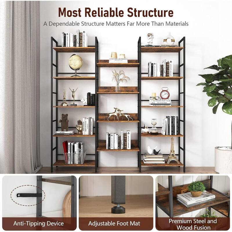 5 Tier Bookshelf Triple Wide Industrial Bookshelves and Bookcases, Large Open Display Shelf