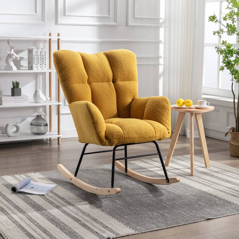 Teddy Fabric Upholstered Glider Rocker, Reading Chair with Thick Padded Seat, High Backrest Armchair with Wooden Legs - Yellow