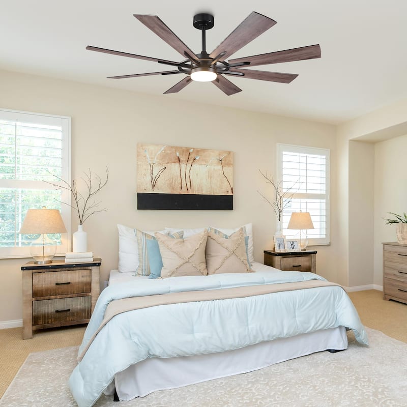 60" Matte Black Large Windmill Farmhouse Integrated LED Ceiling Fan with Light and Remote - 60"Wx12.8"H