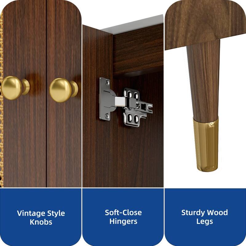 Moasis 24" Bathroom Vanity with Ceramic Sink, Rattan Double Door Cabinet and Drawer, Freestanding Solid Wood Legs