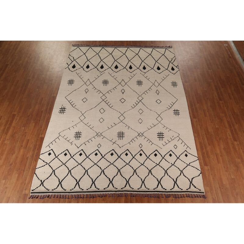 Moroccan Oriental Area Rug Hand-Knotted Beige Geometric Wool Carpet - 8'10"x 12'5"