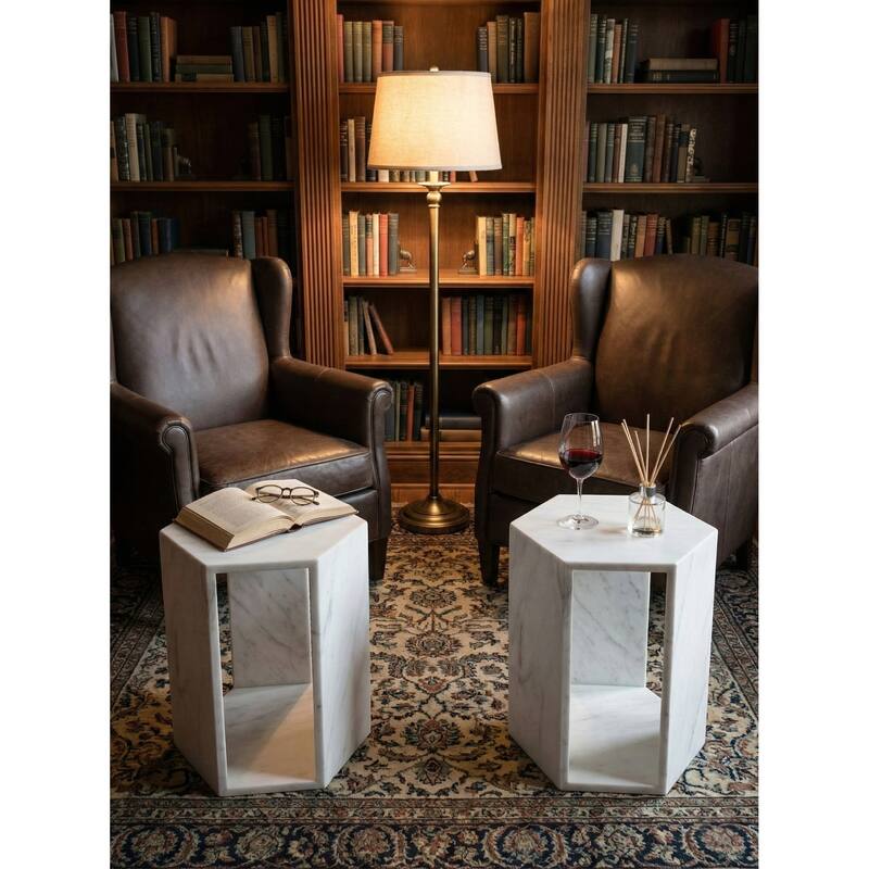 Roomfitters Luxury Natural Marble Hexagon Side Table, Solid Stone Geometric Pedestal End Table, Polished Finish