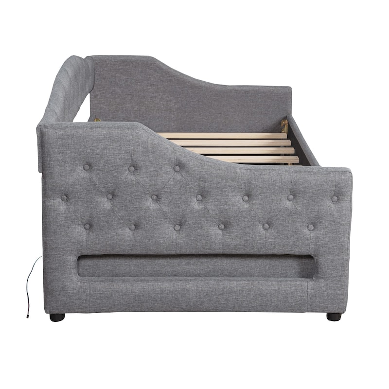 Gray Twin XL Upholstered Daybed with LED Lights and 2 Storage Drawers
