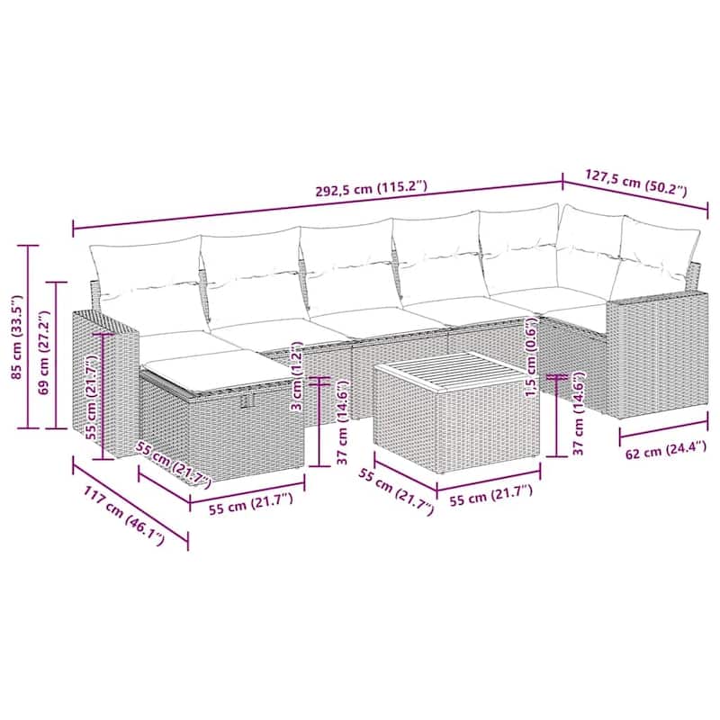 vidaXL Patio Sofa Set with Cushions Table and Corner Sofas 8 Piece Poly Rattan - 21.7 x 24.4 x 27.2