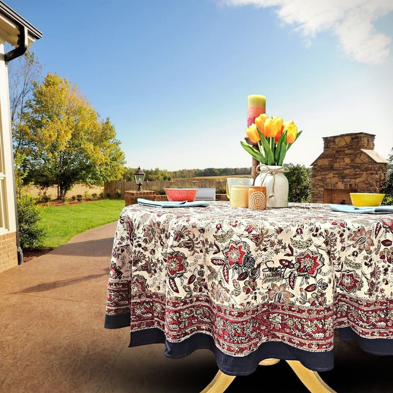 Blooming Flower Block Print Floral Cotton Tablecloth Collection - 72-in Round