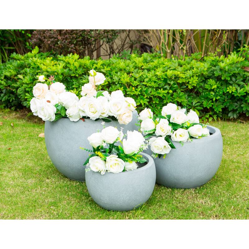Kante Lightweight Concrete Outdoor Round Planter, Set of 3, 13", 10.5" and 8" Tall, Slate Gray