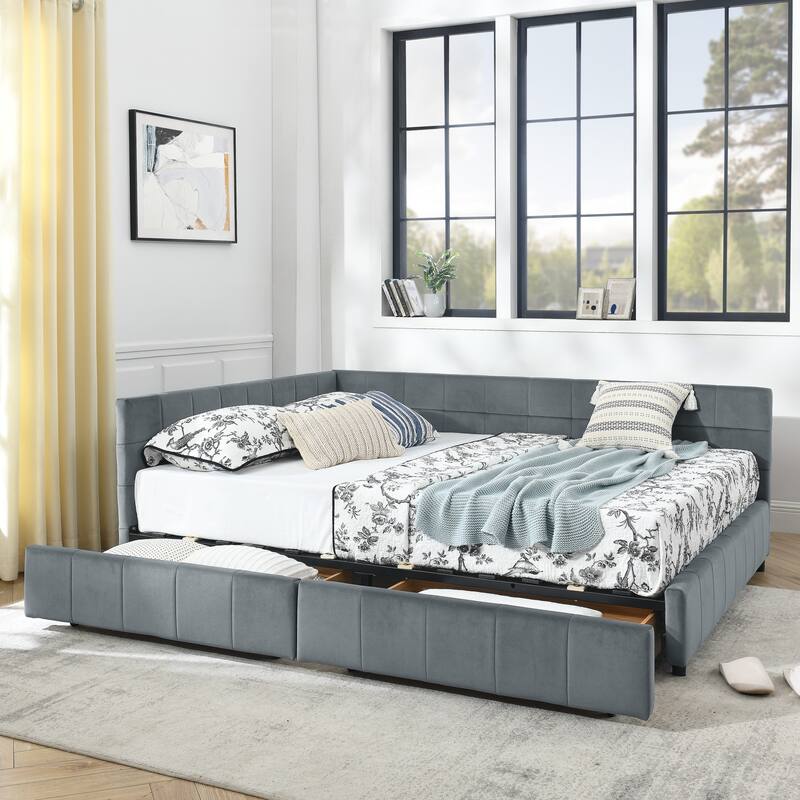 L-shaped Velvet Upholstered Daybed Tufted Sofa Bed with Soft Backrest Armrests - and Optional Corner Storage Day Bed