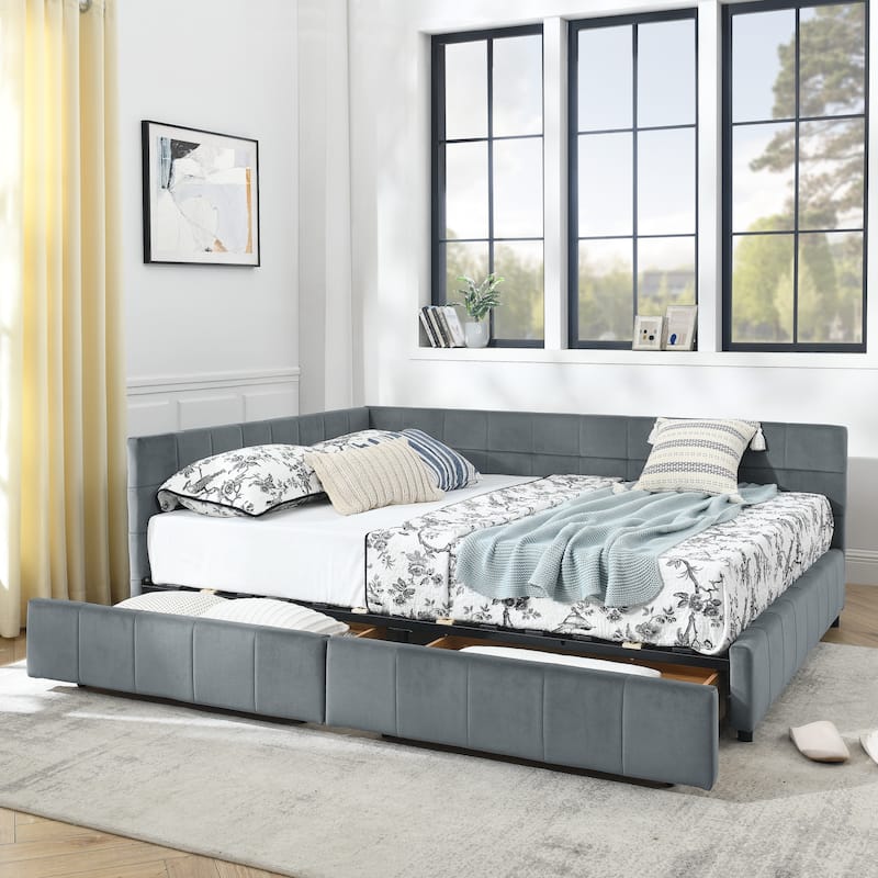 Mid-Century Queen Velvet Daybed with Storage Drawers, Tufted Upholstered Sofa Bed Frame with Backrest & Armrest