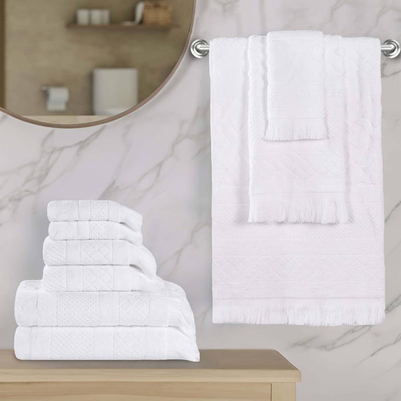Superior Rolla Cotton Geometric Jacquard Plush Soft 9 Piece Towel Set - White