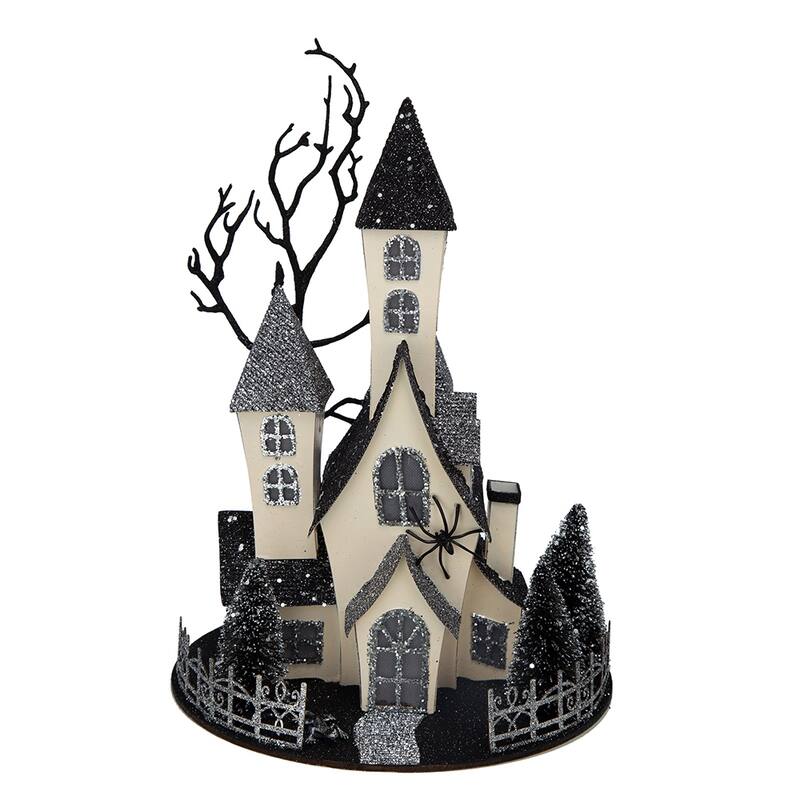 10x8.3x13.5" Cardboard Lighted Haunted House, Black Beige Tabletop holiday halloween decor, Battery Powered