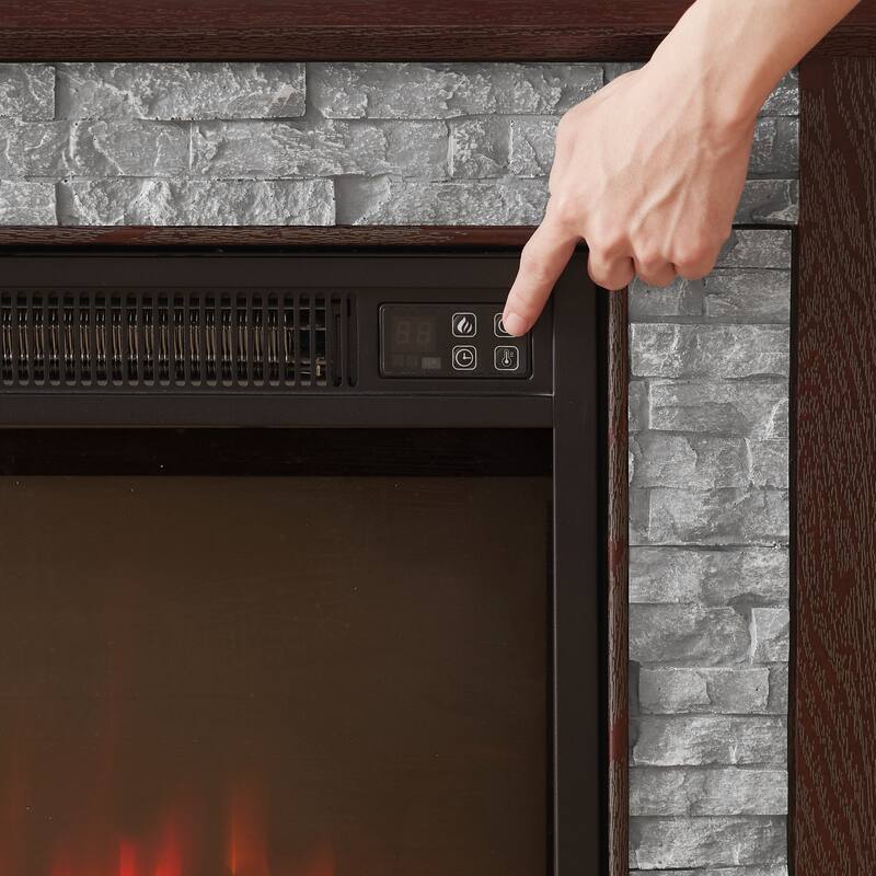 Fireplace TV Stand with 23" Electric Fireplace, Faux Stacked Stone Surround Media Cabinet TV Console for TVs up to 75"