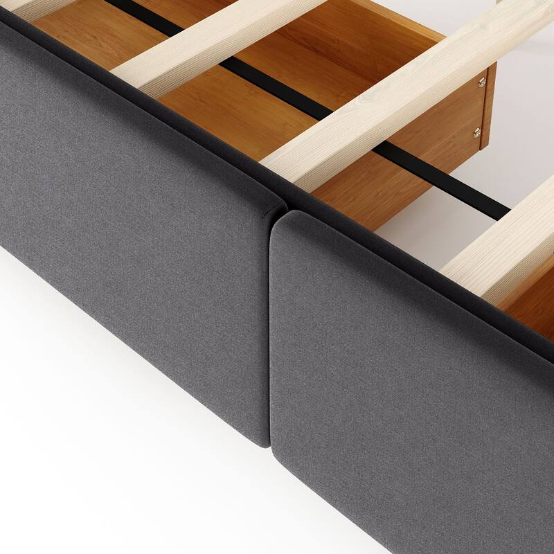 Upholstered Platform Bed with Classic Headboard and 4 Drawers, No Box Spring Needed, Linen Fabric, Queen Size