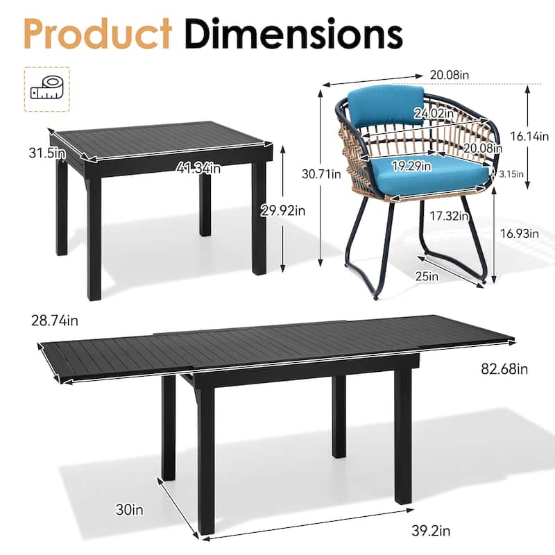 5/7/11PC Outdoor Patio Extendable Table Dining Sets with Rattan Chairs