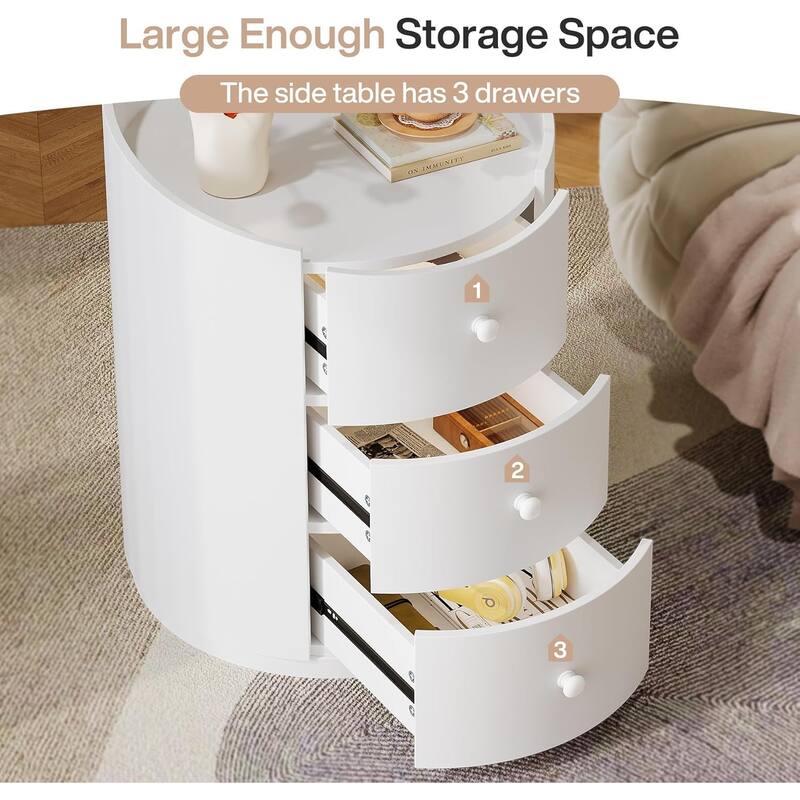 White Modern Wood Round End Table Sofa Side Table with 3 Drawers - 19.7"L × 19.7"W × 25.59"H