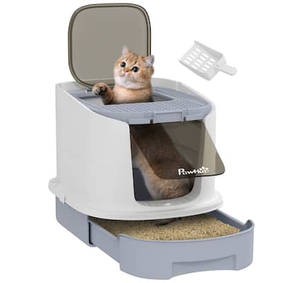 PawHut Cat Litter Box with Lid, Covered Kitty Litter Box Enclosed with Scoop, Drawer, Top Entry, Deodorizing Bags, Gray