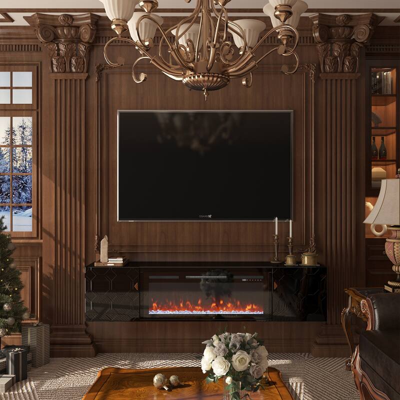 67 In. Black Media Tv Stand In High Gloss Paint Mdf