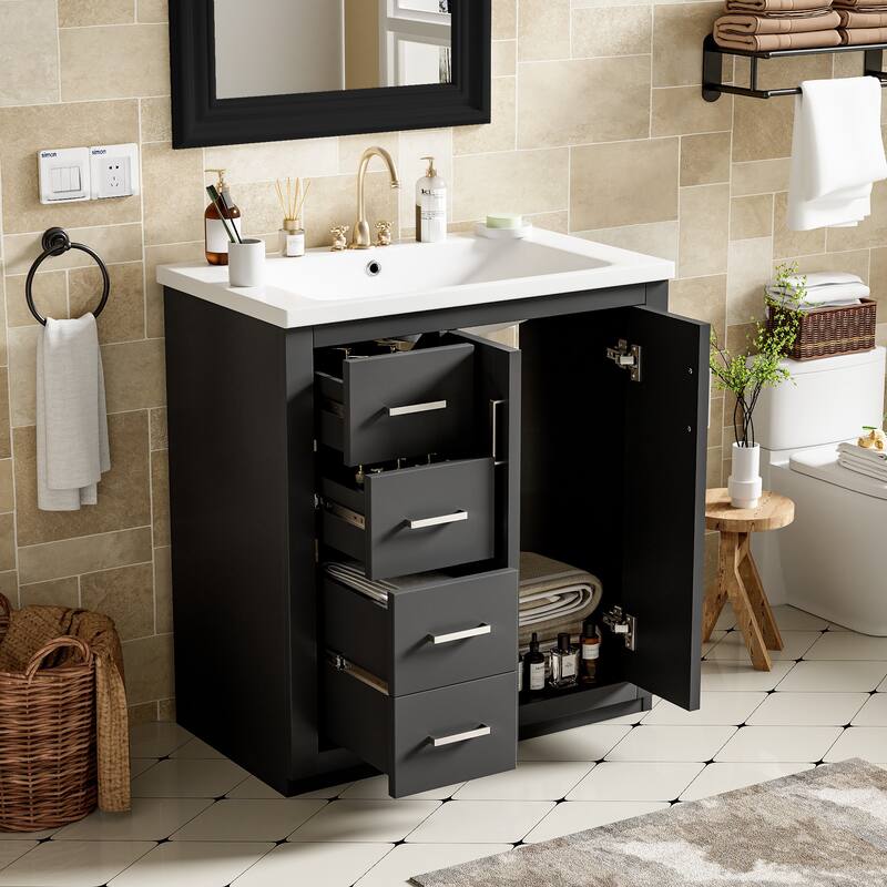 30" Modern Bathroom Vanity Combo with Ceramic Sink, Solid Wood Frame, 3 Drawers, Storage Cabinet