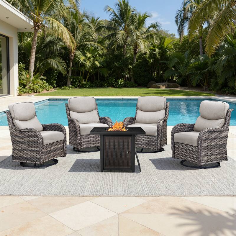 Meyreso 5-Piece Outdoor Patio Wicker Fire Pit 4 person Conversation Set with 5-Inch Thick Cushions