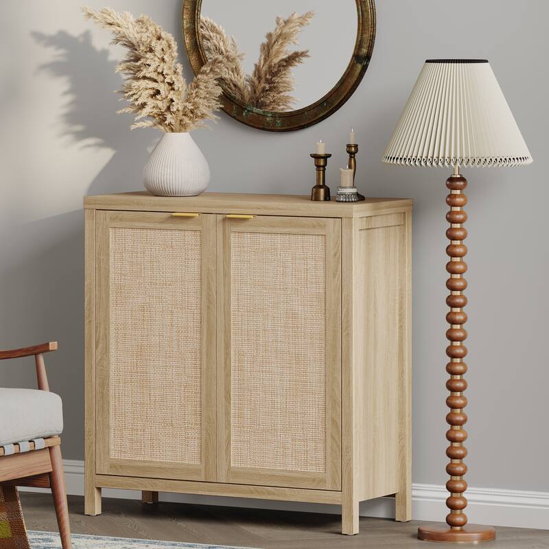 SICOTAS Rattan Sideboard Buffet Accent Storage Cabinet with 2 Doors - N/A - Beige