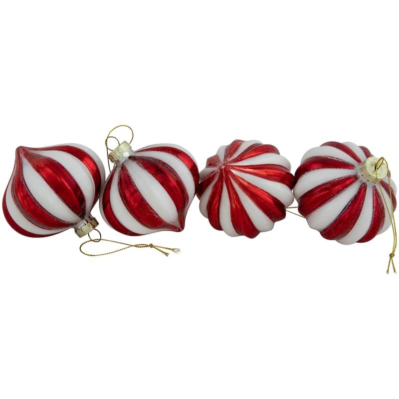 4Ct Red White Glittered Candy Cane Onion Glass Christmas Ornaments 3"