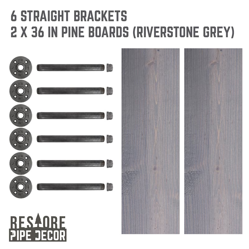 Restore Wood 36 in. Wall Shelf Straight Steel Pipe Brackets, Set of 2