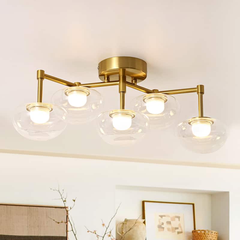20.9" 5-Light Modern Gold Integrated LED Bathroom Vanity Light/Semi-Flush Mount Light with Clear Oval Glass Shades