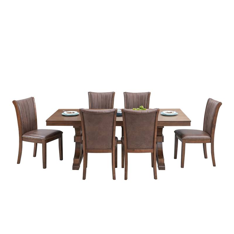 7 Pcs Dining Table Set, Kitchen Tables and Chairs Set with Rectangular Table and 6 Faux Leather Upholstered Chairs
