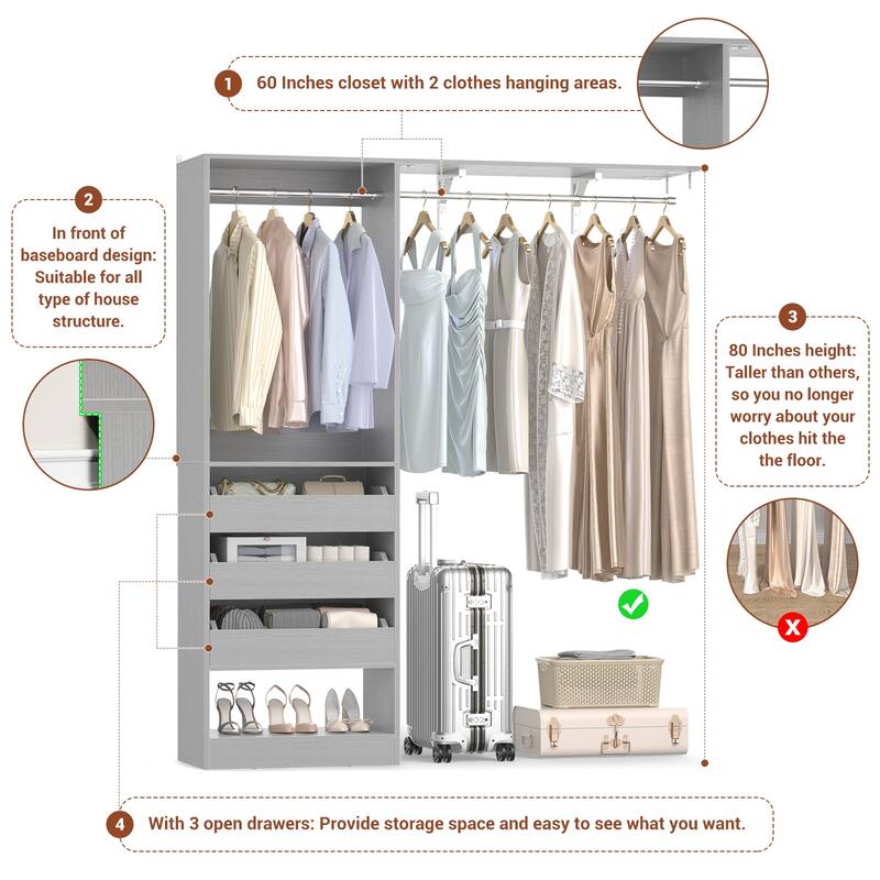 20"-60" Closet System with 3 Wooden Drawers and Sturdy Shelves and Retractable Rods