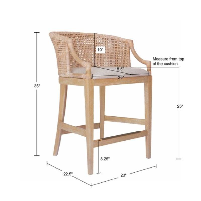 Roomfitters 25-Inch Handcrafted Rattan Counter Stool, Natural Whitewash with Reclaimed Wheat Legs and Bronze Kickplate