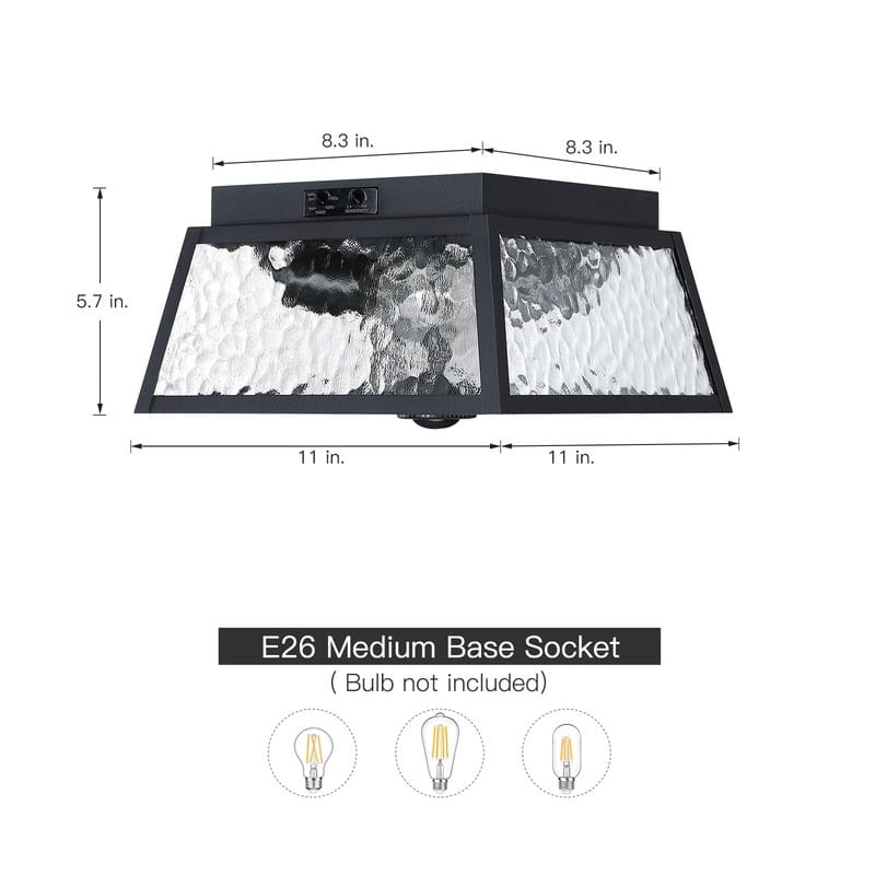 2-Light Black Outdoor Farmhouse Flush Mount Ceiling Light with Clear Water Glass