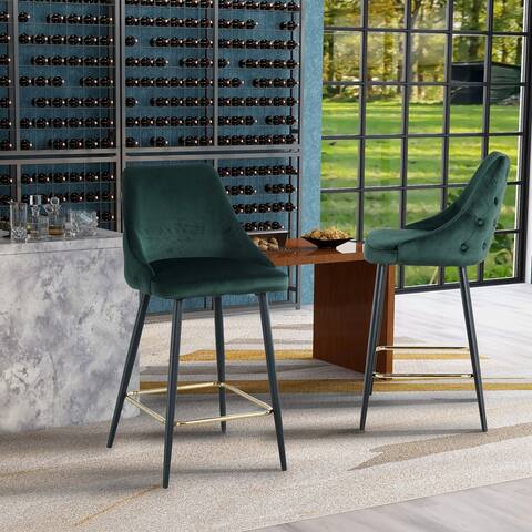 CTEX Set of 2 Modern Upholstered High Bar Stool Chair With Gold Legs and Green Velvet ,Green