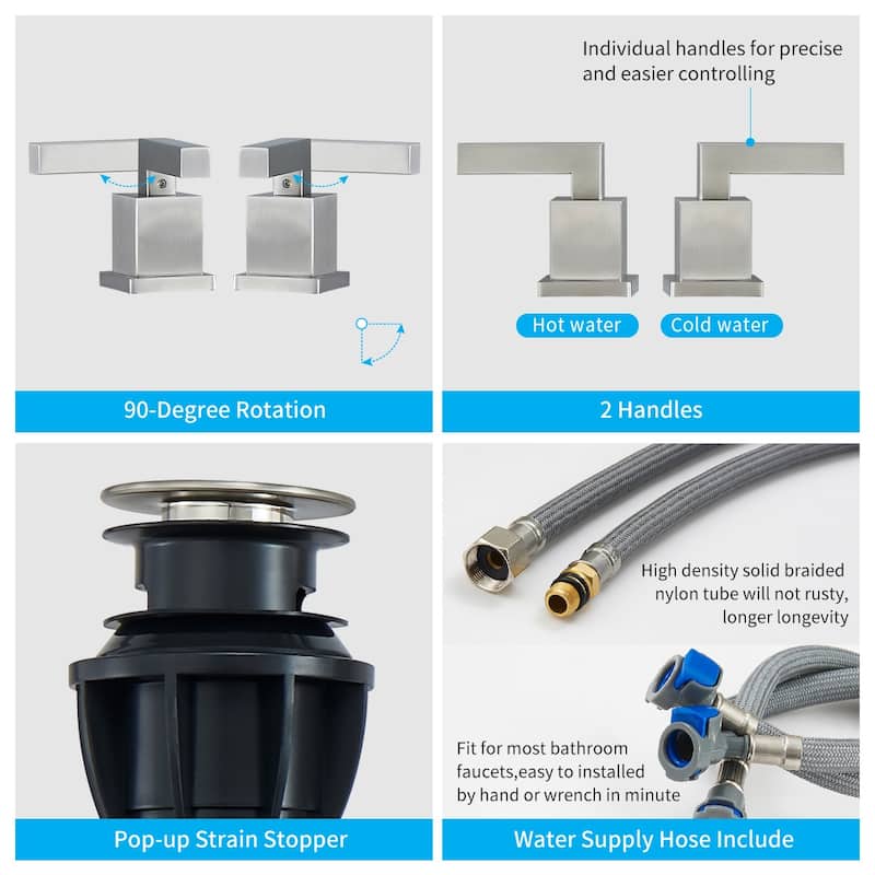 Modern 2 Handle Waterfall Bathroom Sink Faucet with Pop Up Drain Assembly and Lead Free Supply Hose, Rust Resistant