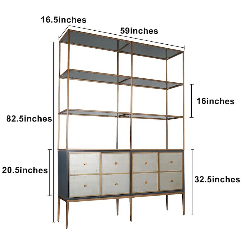 Delcey Mid-century Modern Bookshelves 4-door Display Cabinet with Bookcase Glass Kitchen Hutch - L 59 in * W 16.5 in * H 82.5 in